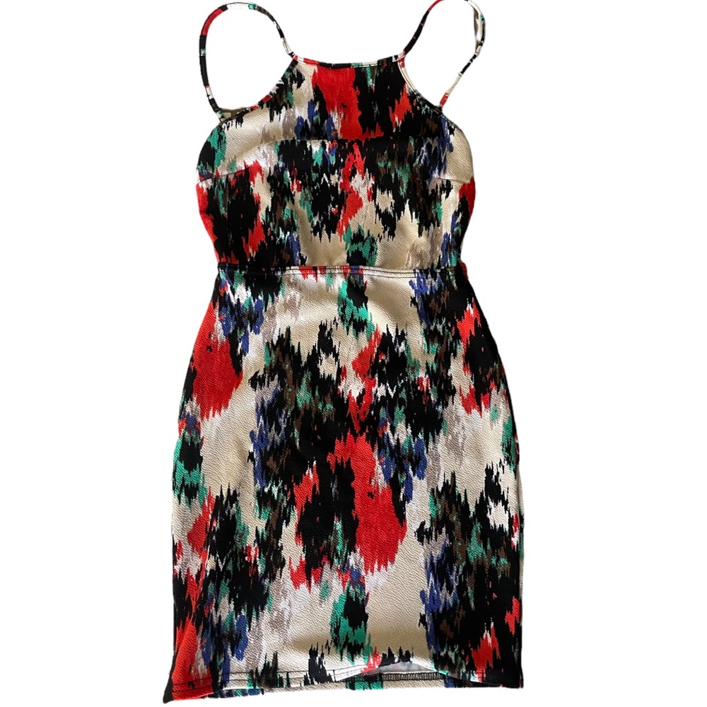 BooHoo Cream Multicolored High Neck Open Back Mini Sleeveless Dress NWOT - Picture 6 of 10